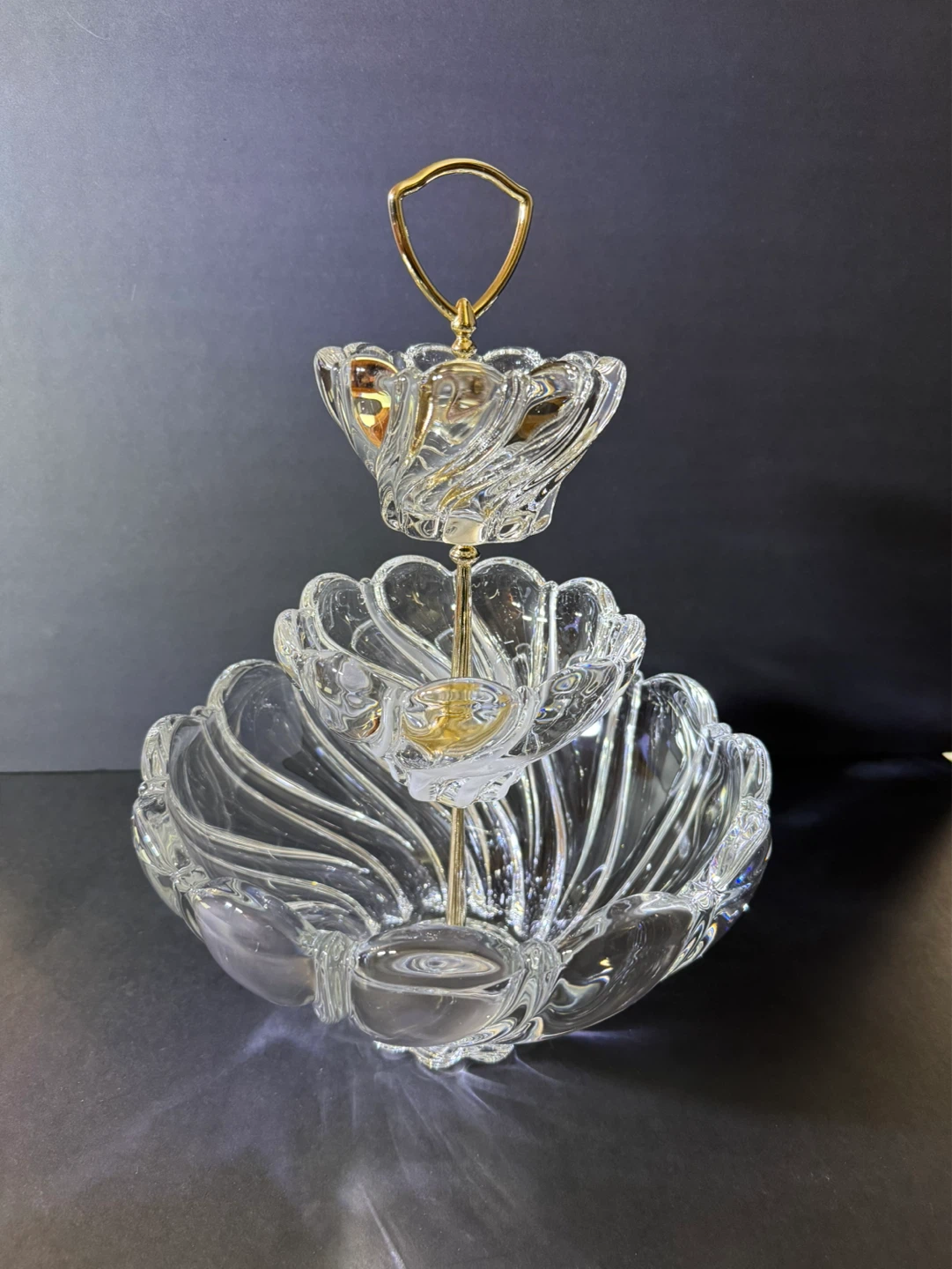 Three-Tiered Crystal Serving Stand with Gold Accents