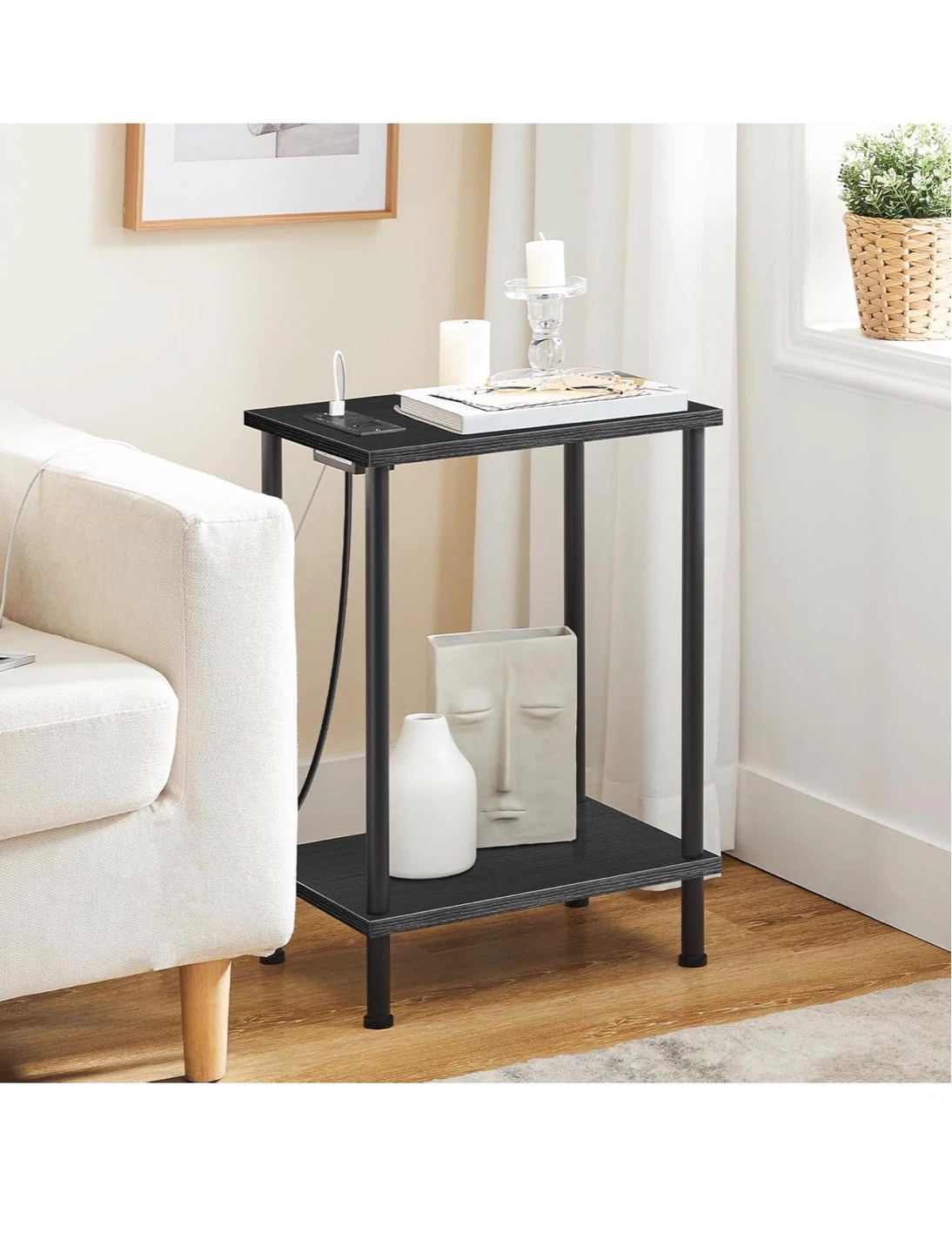 Black 2-Tier End Table with Built-in Charger