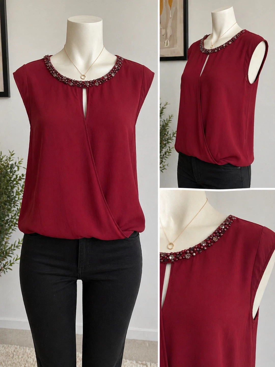 Ro & De Womens Red Beaded Cap Sleeve Blouse XS