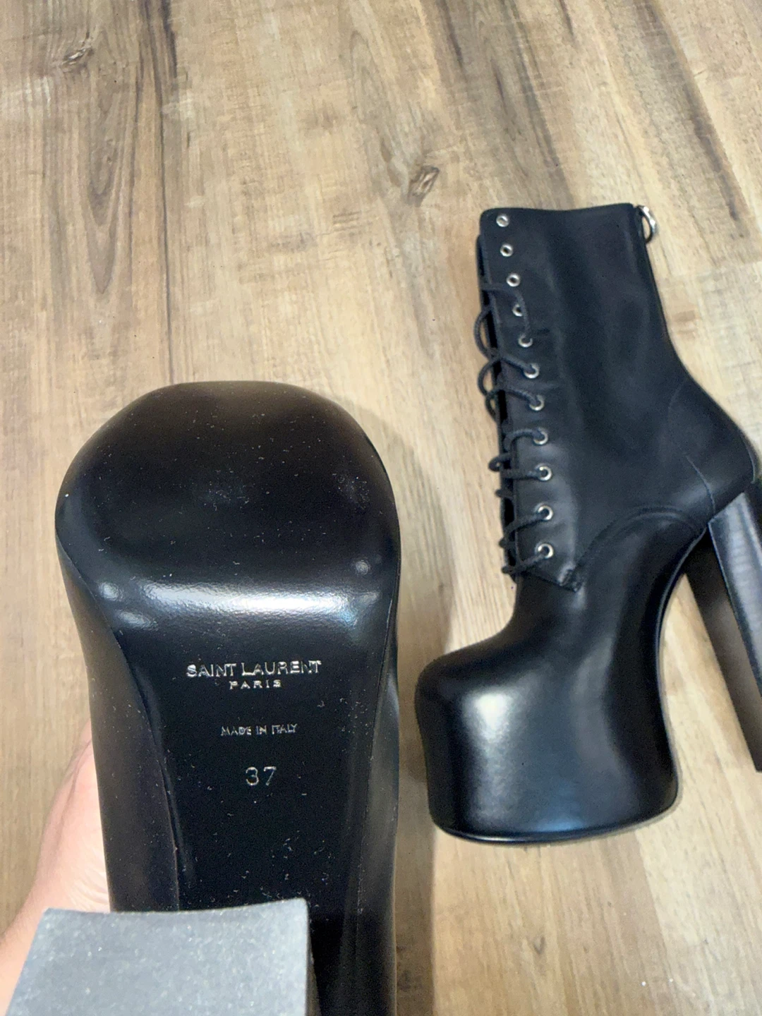 Saint Laurent Paris Black Leather Lace-Up Platform Boots Size 37 - photo 3