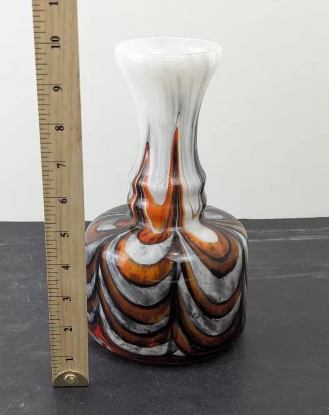 Decorative Glass Vase Orange Black White Swirl Pattern - photo 2