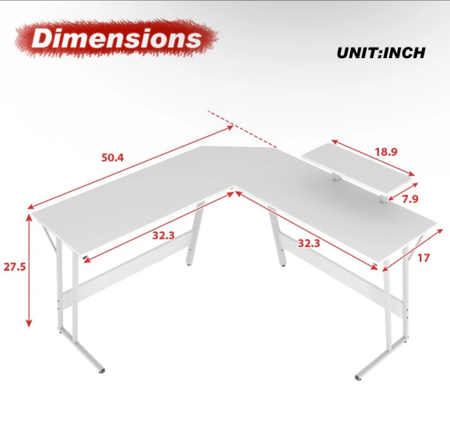 White L-Shaped Gaming Desk with Monitor Riser