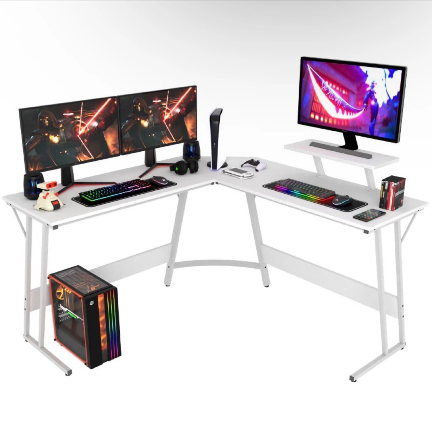 White L-Shaped Gaming Desk with Monitor Riser - photo 2