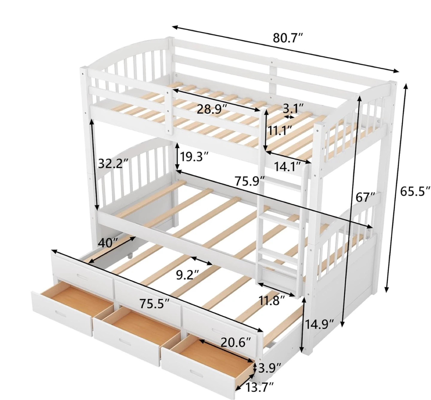 New Twin Over Twin Bunk Bed w/ Trundle, Storage Drawers & Stairs