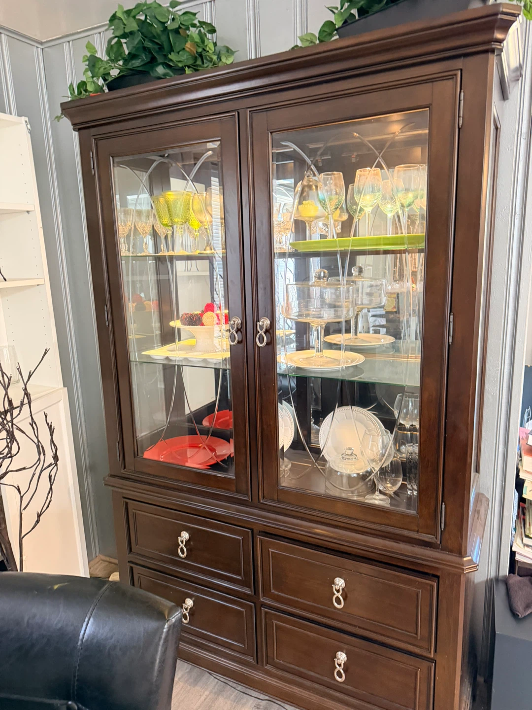 Brown Wood China Cabinet with Glass Doors