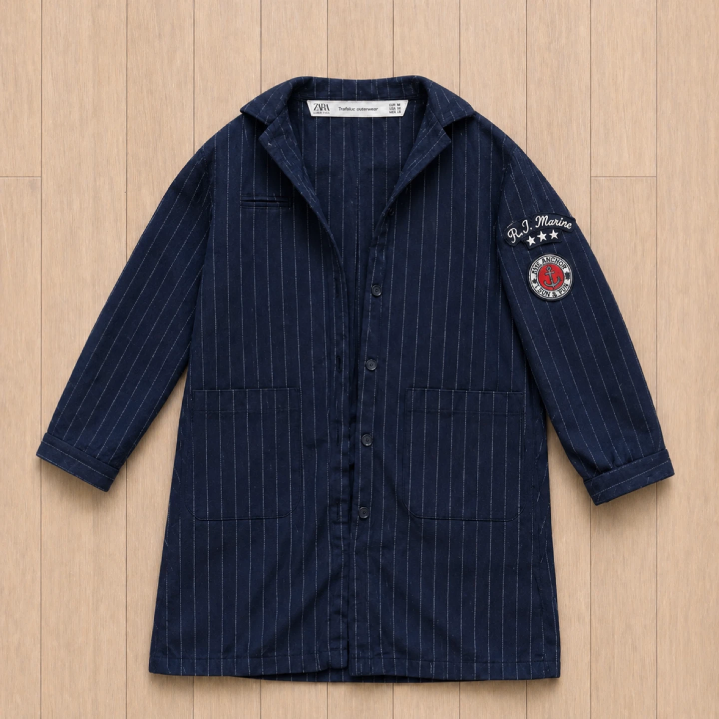 Zara Navy Pinstripe Coat with Sleeve Patch - photo 2