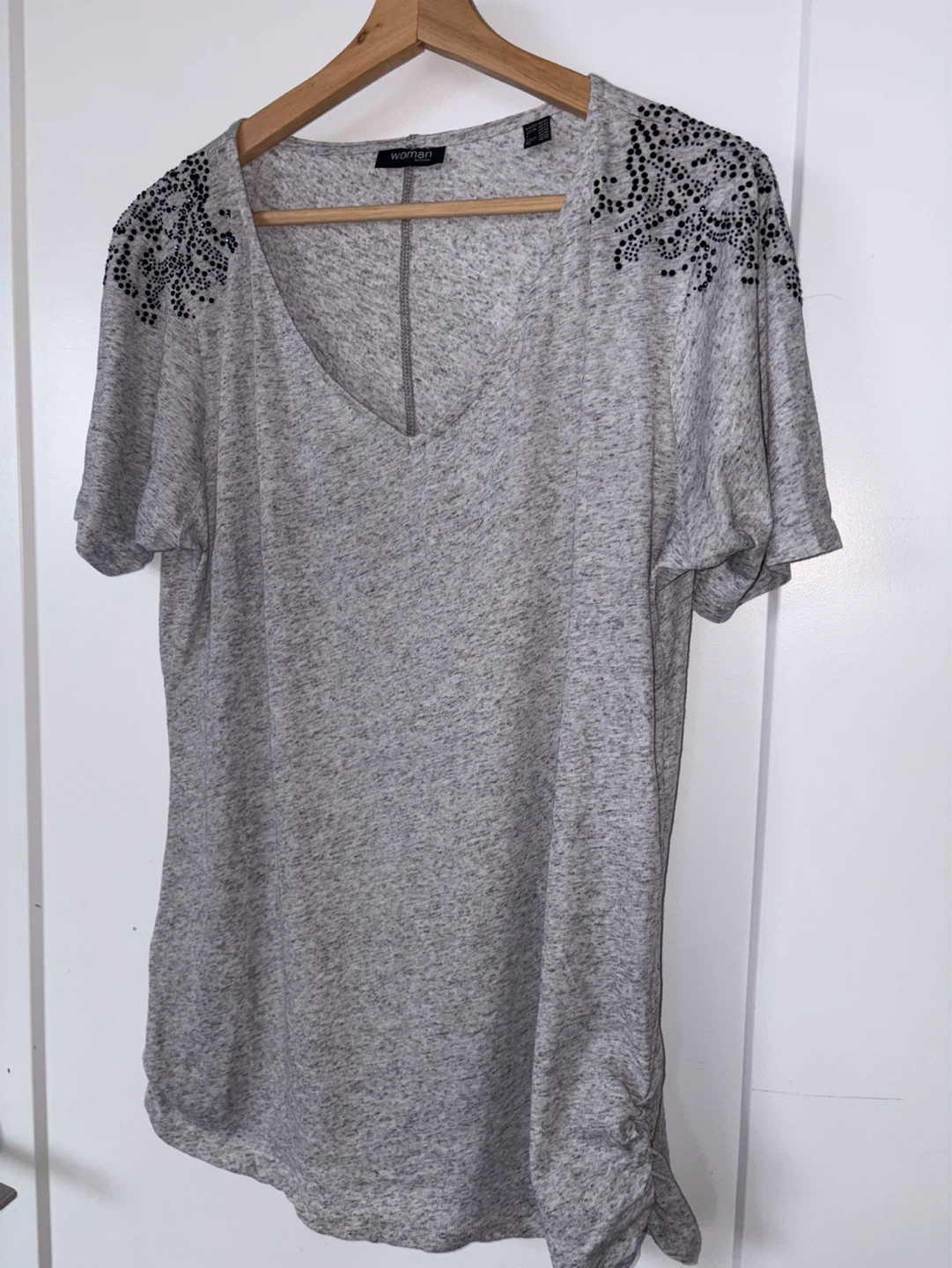 Woman's Grey T-Shirt with Embellished Shoulders - photo 2