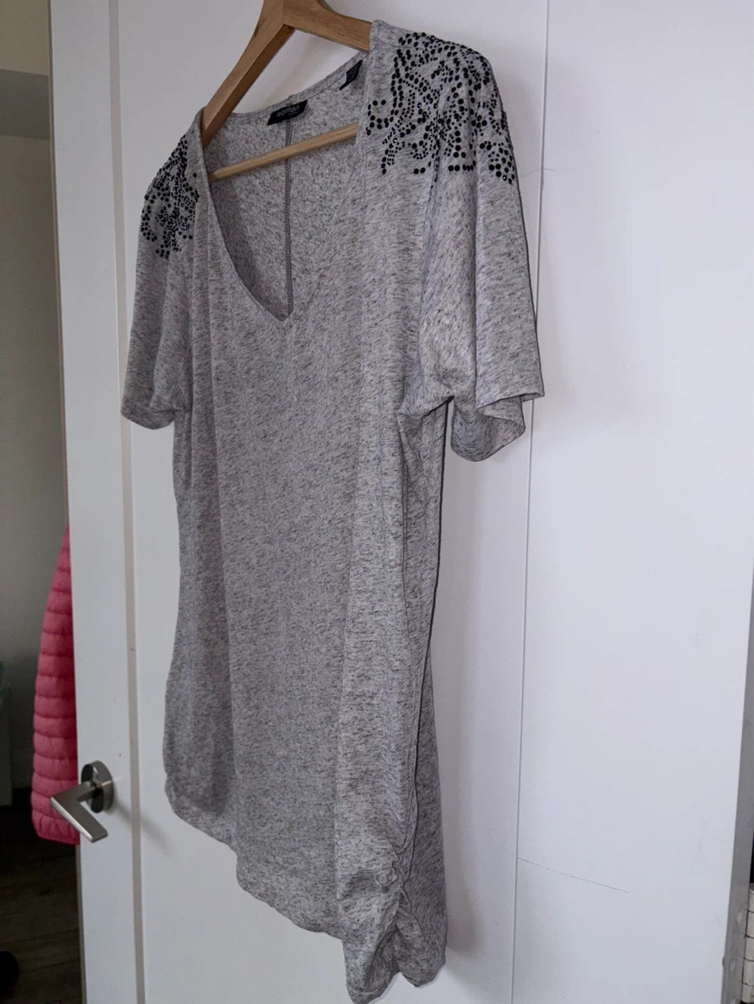 Woman's Grey T-Shirt with Embellished Shoulders - photo 3