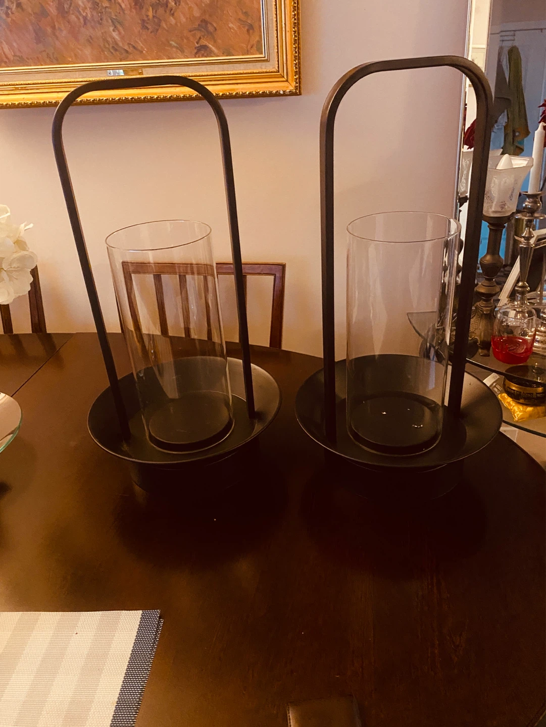 Set of 2 Black Metal Lanterns with Glass Cylinders