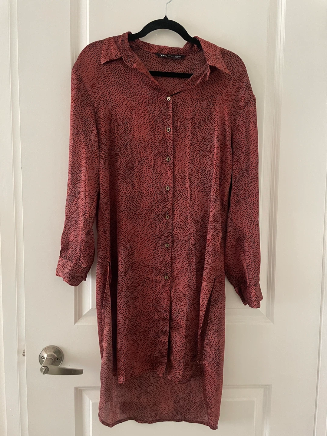 ZARA Women's Black & Dark Pink Printed Button-Up Shirt Dress