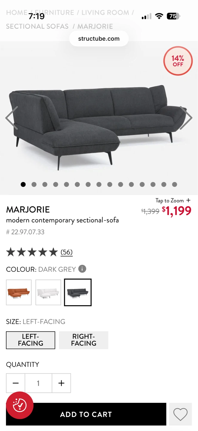 Modern Contemporary Sectional Sofa - Dark Grey, Left-Facing