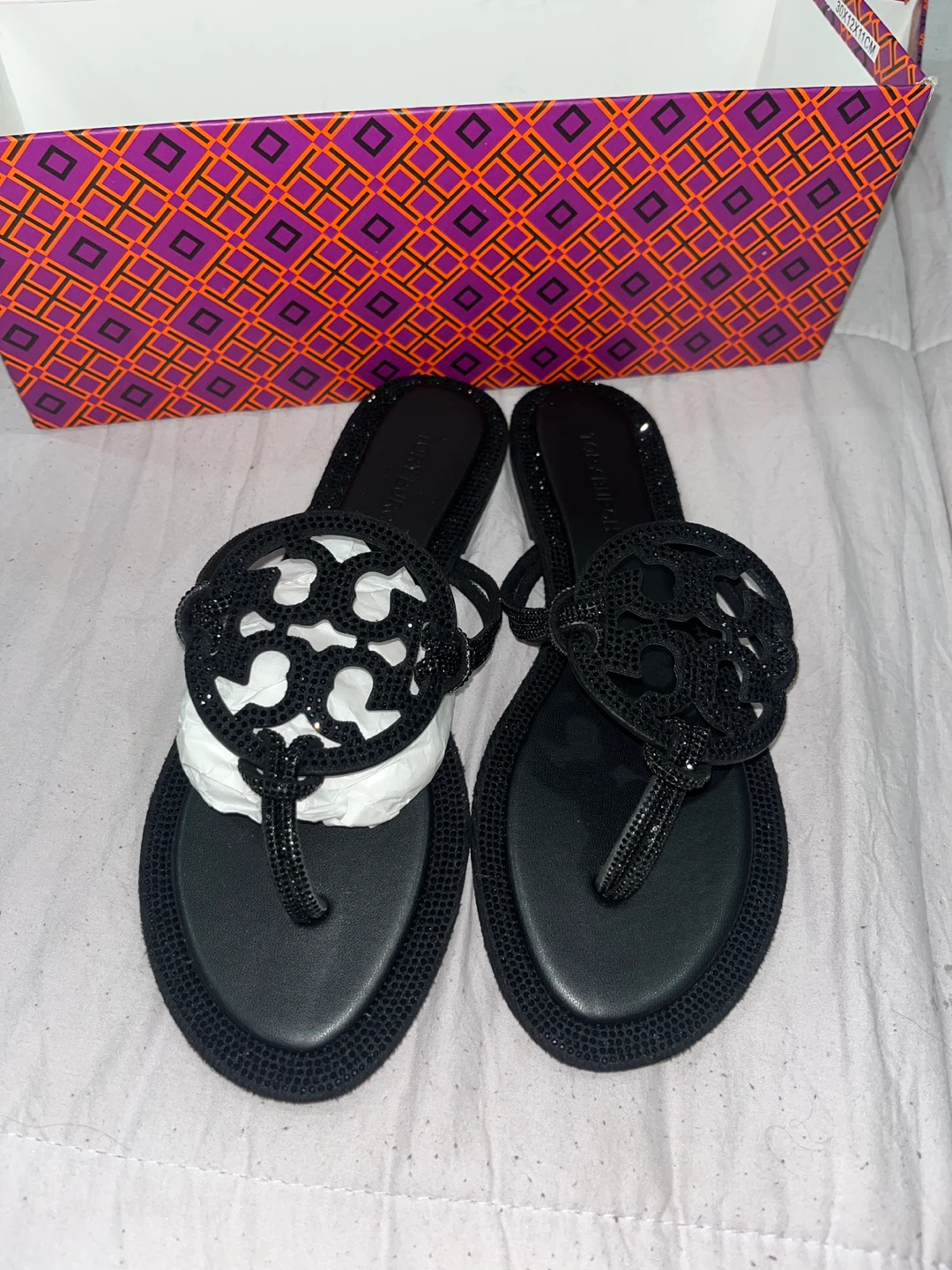 Tory Burch Black Embellished Miller Sandals with Box