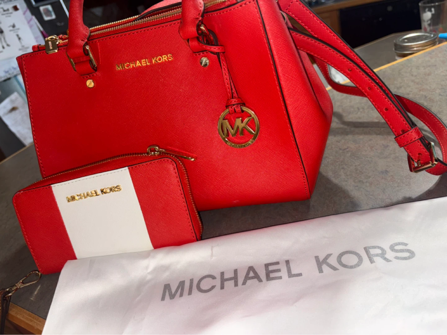 Michael Kors Red Leather Satchel and Wallet Set