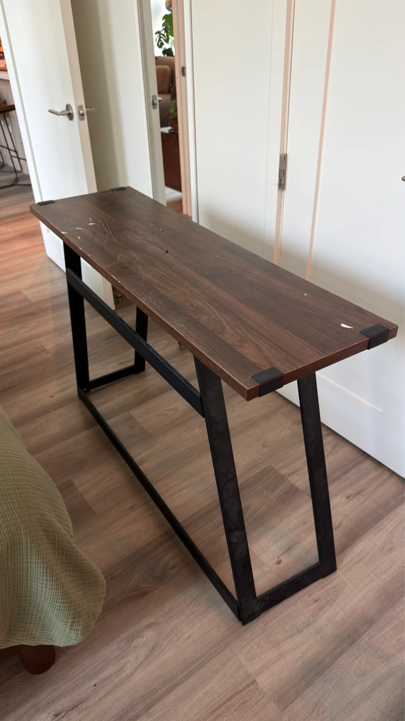 Long Console Table with Dark Wood Top and Black Metal Frame