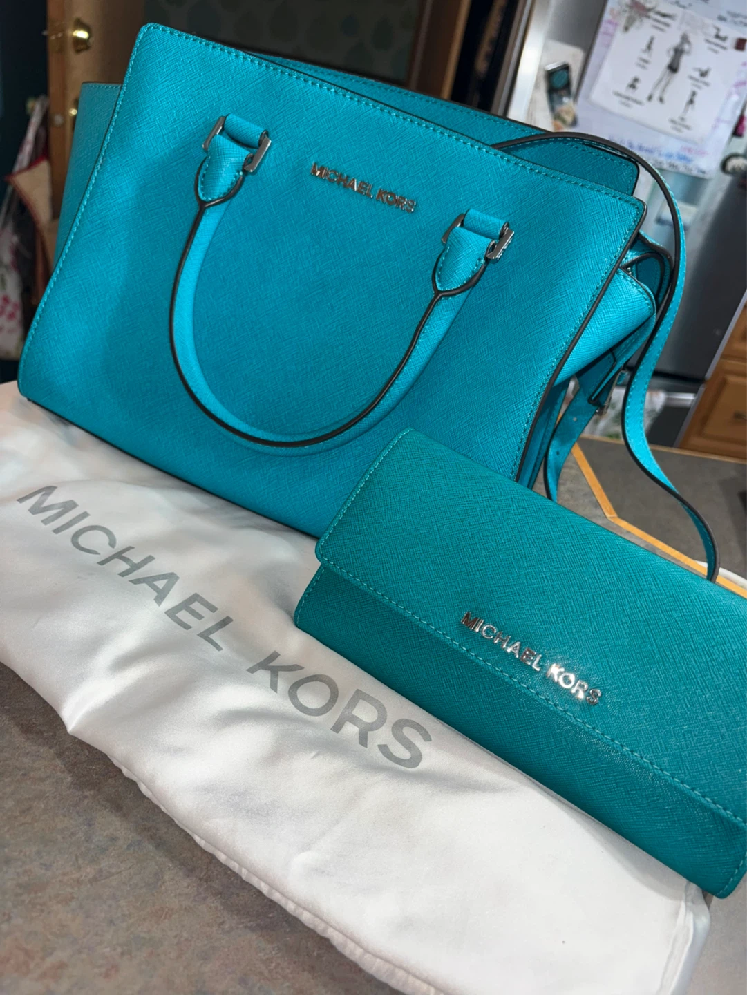 Michael Kors Teal Saffiano Leather Tote Bag and Wallet Set