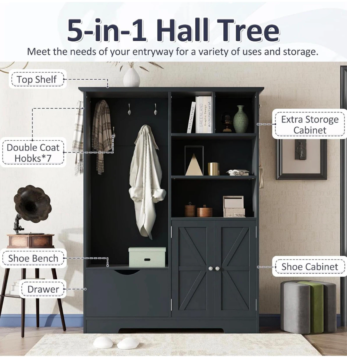 5-in-1 Hall Tree with Shoe Bench and Storage Cabinet