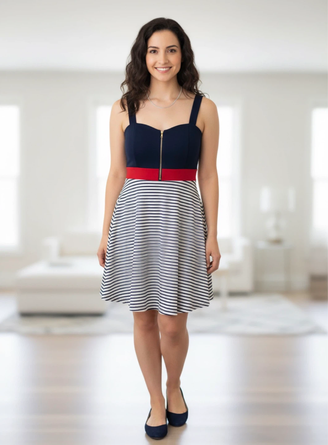 Striped Fit and Flare Dress with Zipper