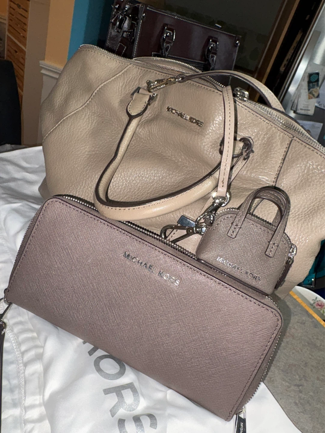 MK Riley Bedford style satchel + taupe wallet + mini bag charm