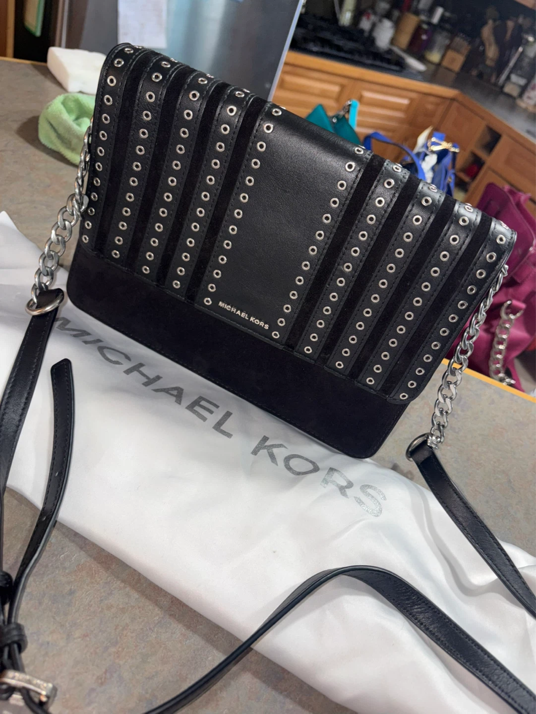 MK Brooklyn large grommet suede and leather cross-body bag