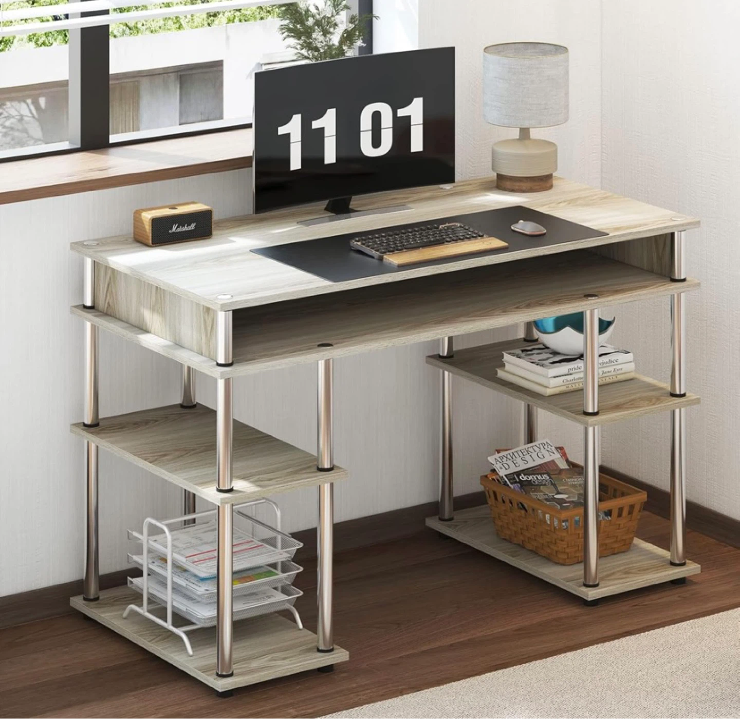Wooden Computer Desk with Shelves