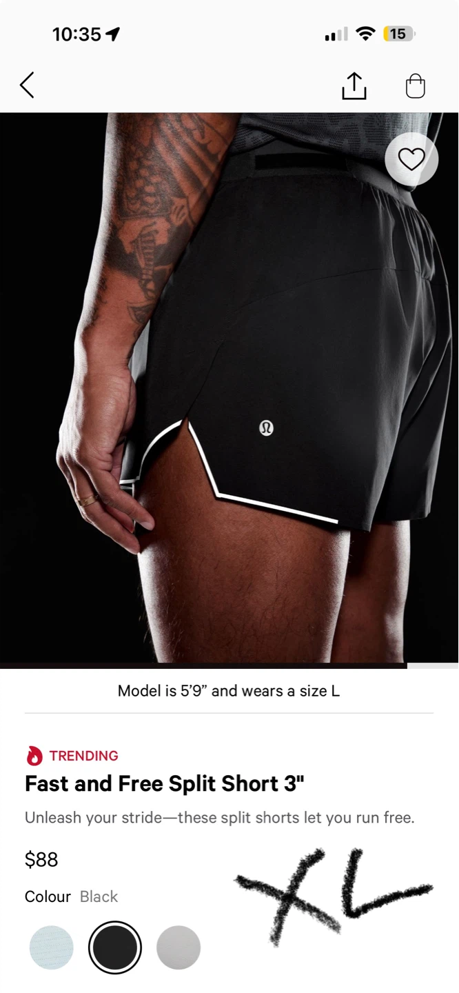 Lululemon Fast and Free Split Short 3" Black XL