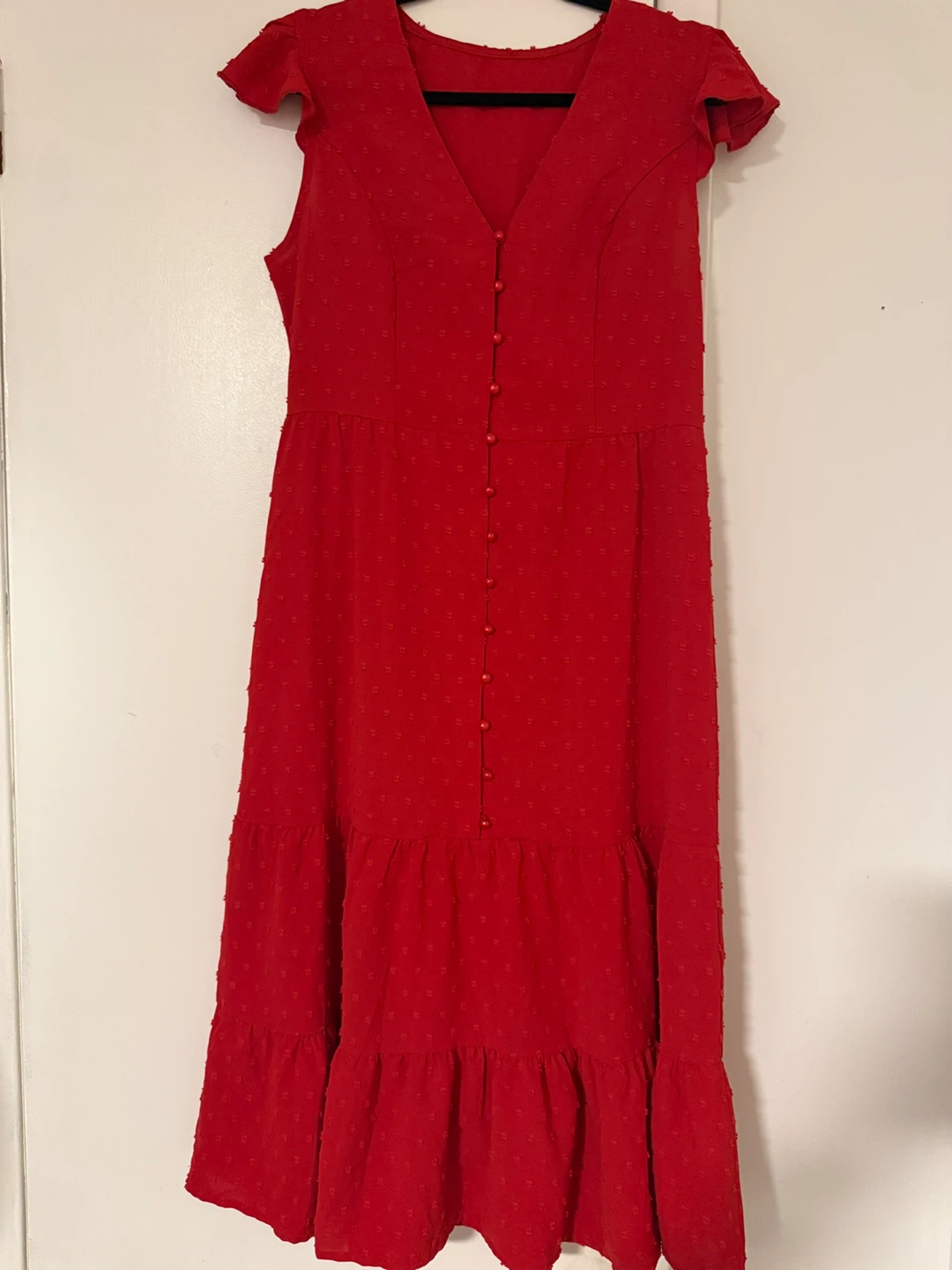 Niay Red Button-Front Tiered Midi Dress