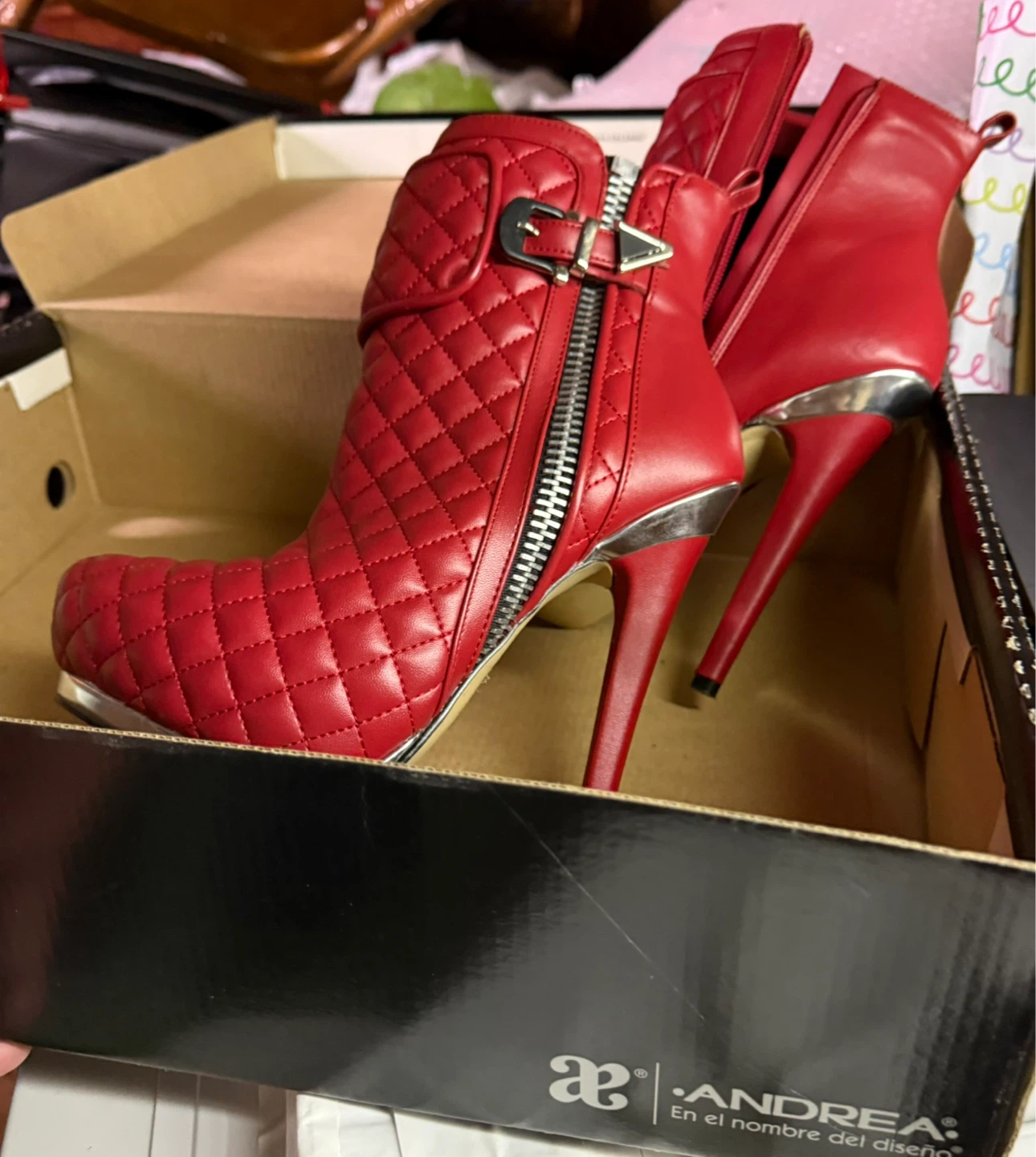 Andrea Red Quilted High Heel Ankle Boots - photo 3