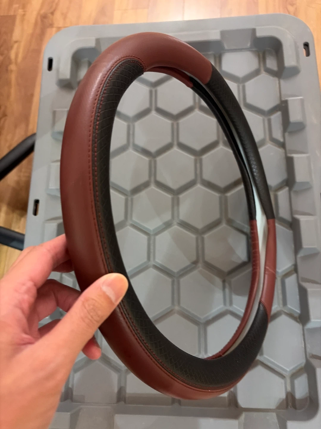 Brown and Black Steering Wheel Cover