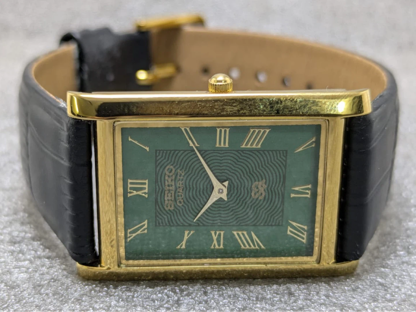 Seiko Quartz Gold Tone Rectangular Watch Green Dial - photo 4