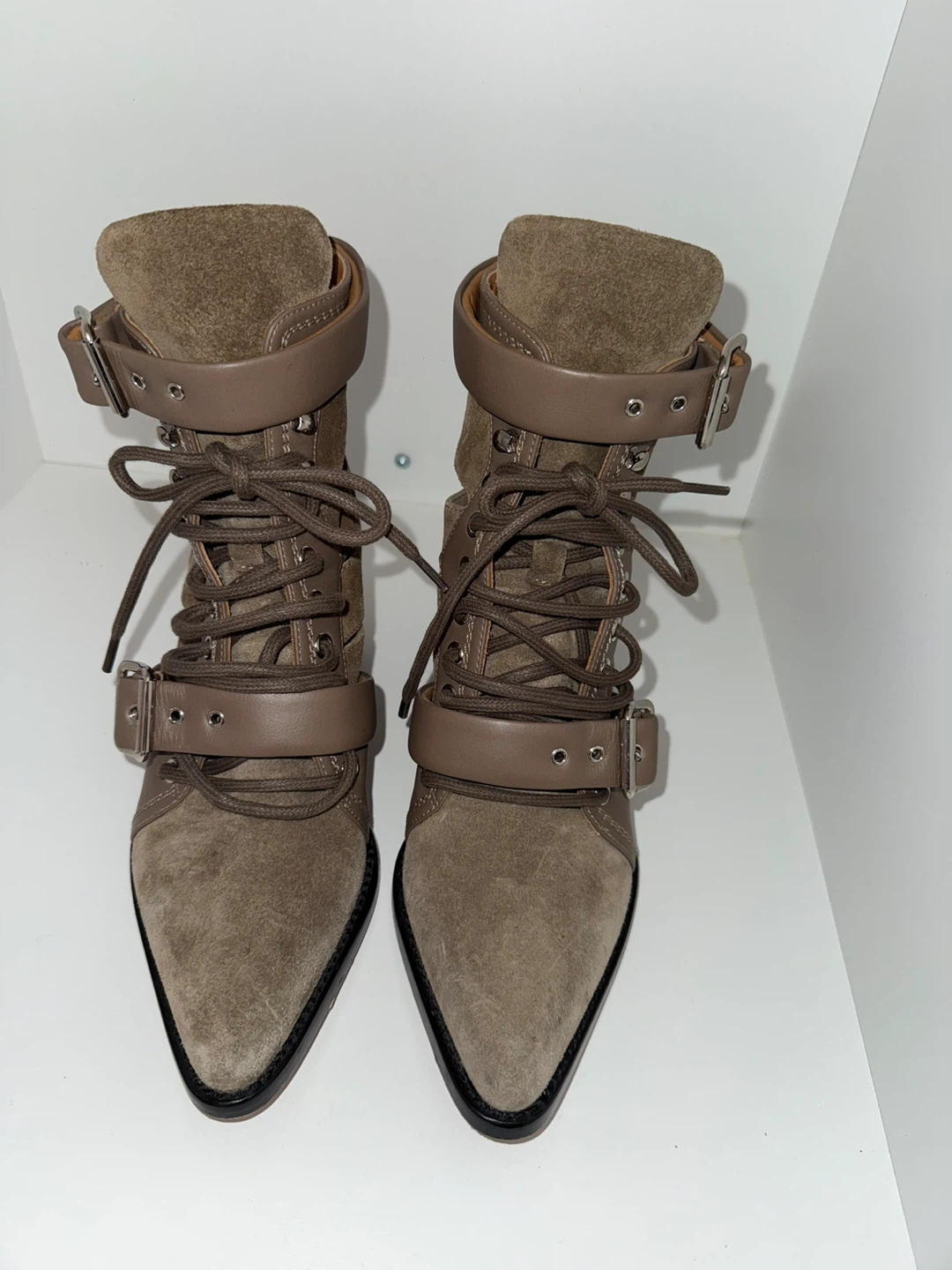 Chloe Suede Buckle Lace-Up Ankle Boots