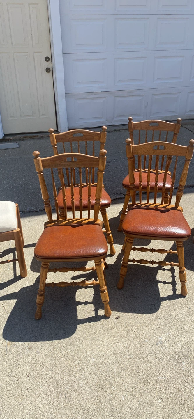 Set of 4 Wooden Dining Chairs with Brown Upholstered Seats