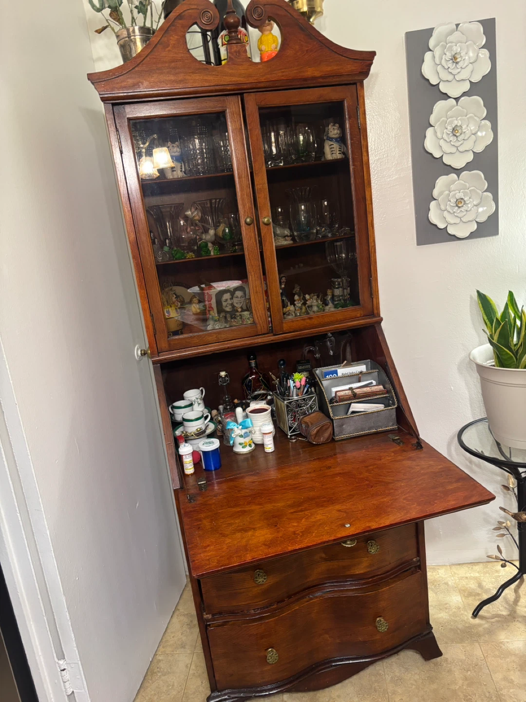 Vintage Wooden Secretary Desk with Hutch