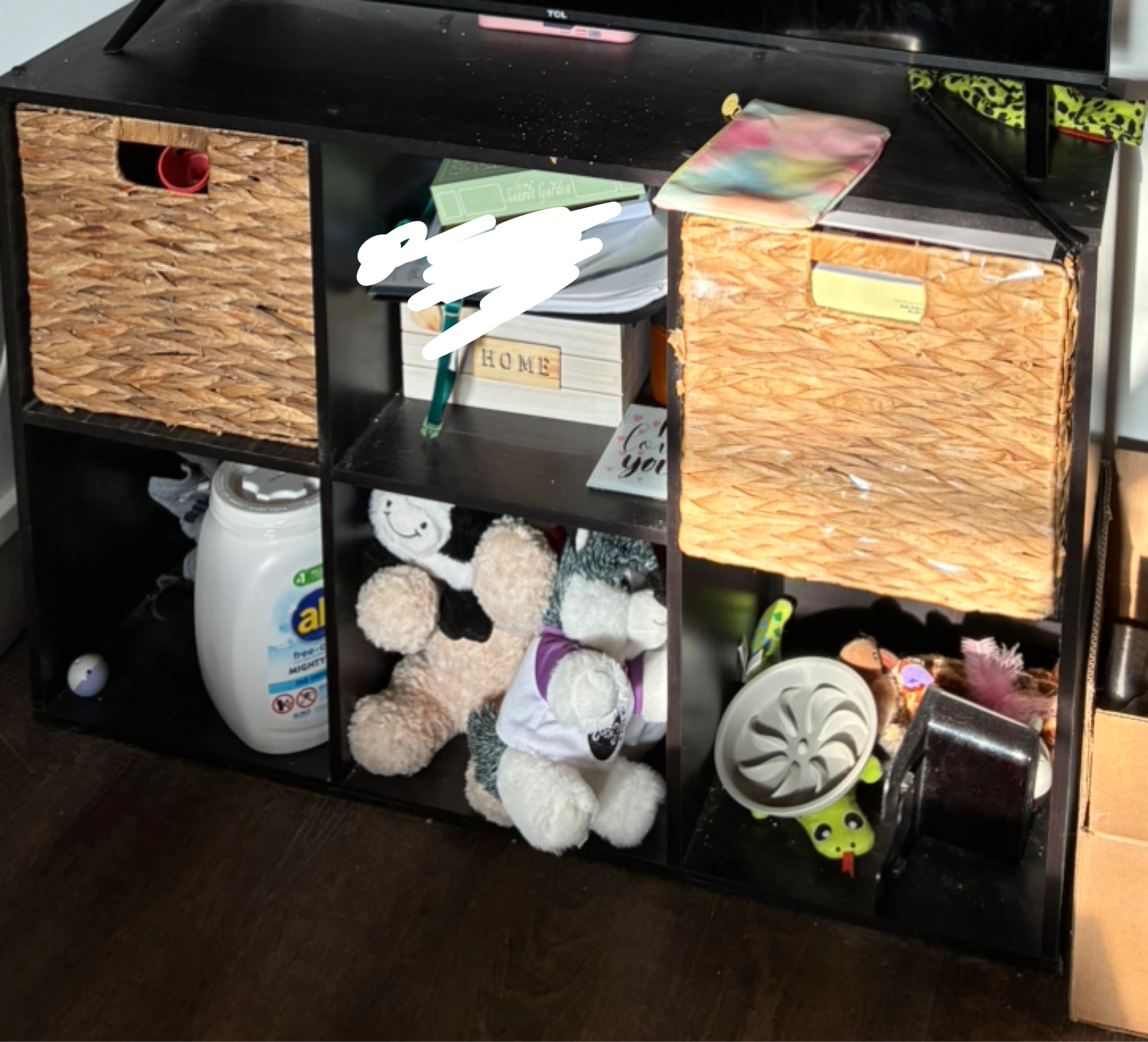 Black Cube Storage Unit with Woven Baskets
