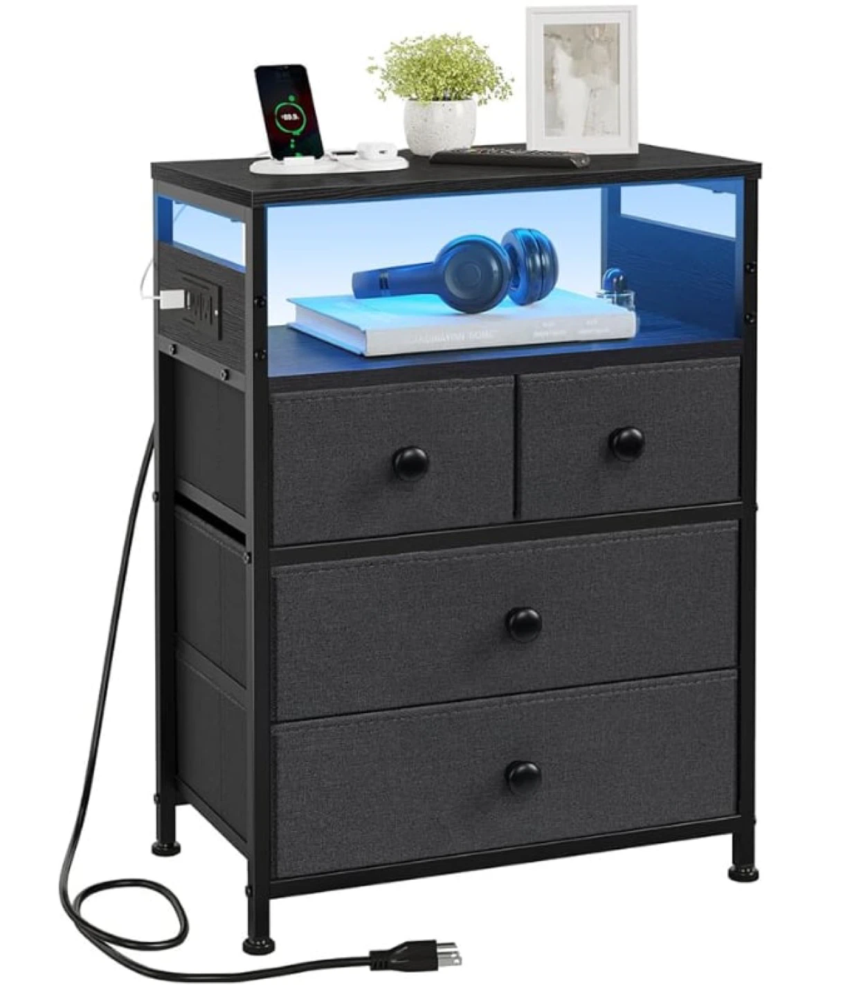 Fabric Dresser with Built-in Charging Station and LED Lights