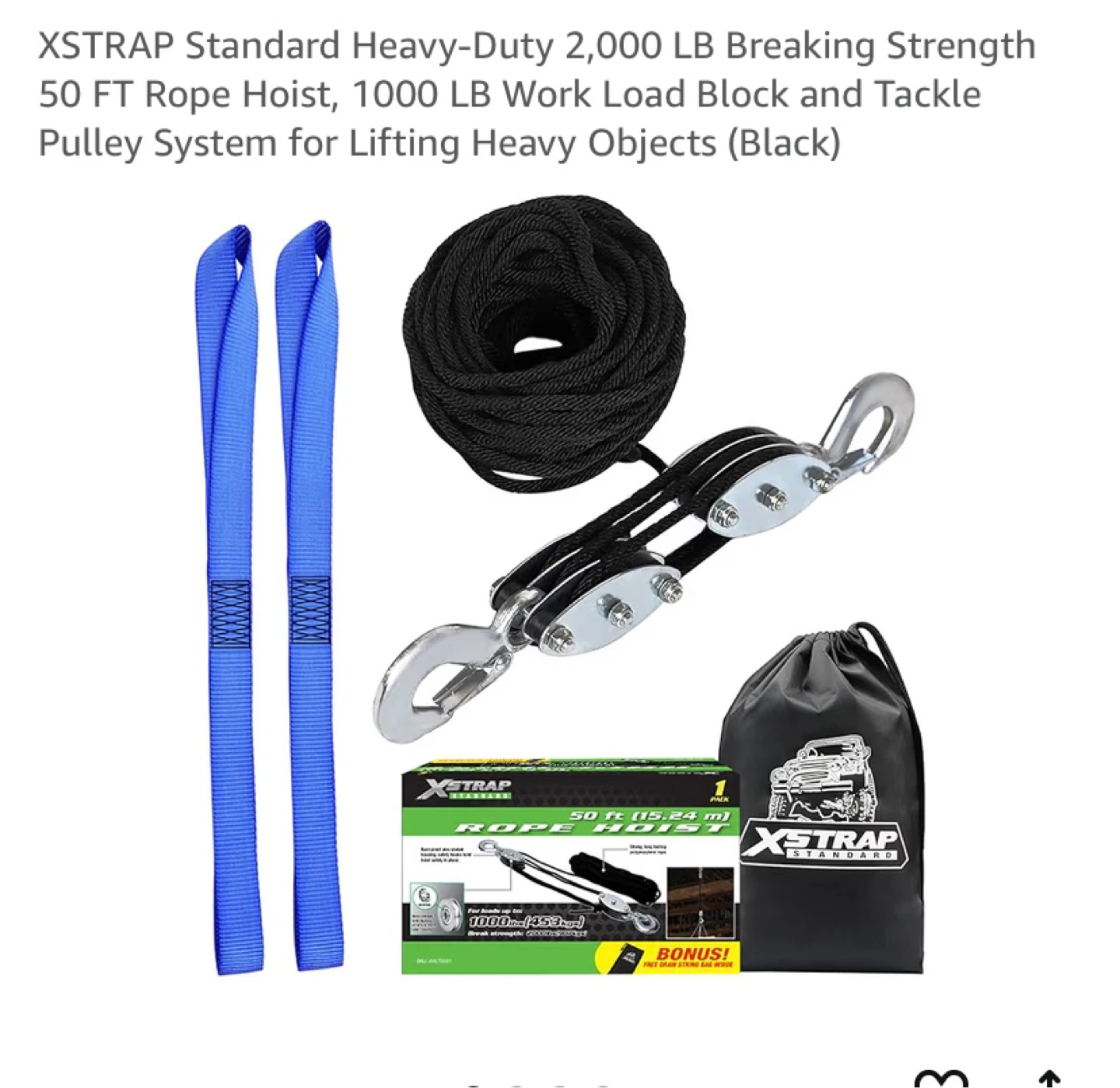XSTRAP 50 FT Rope Hoist and Pulley System (Black)