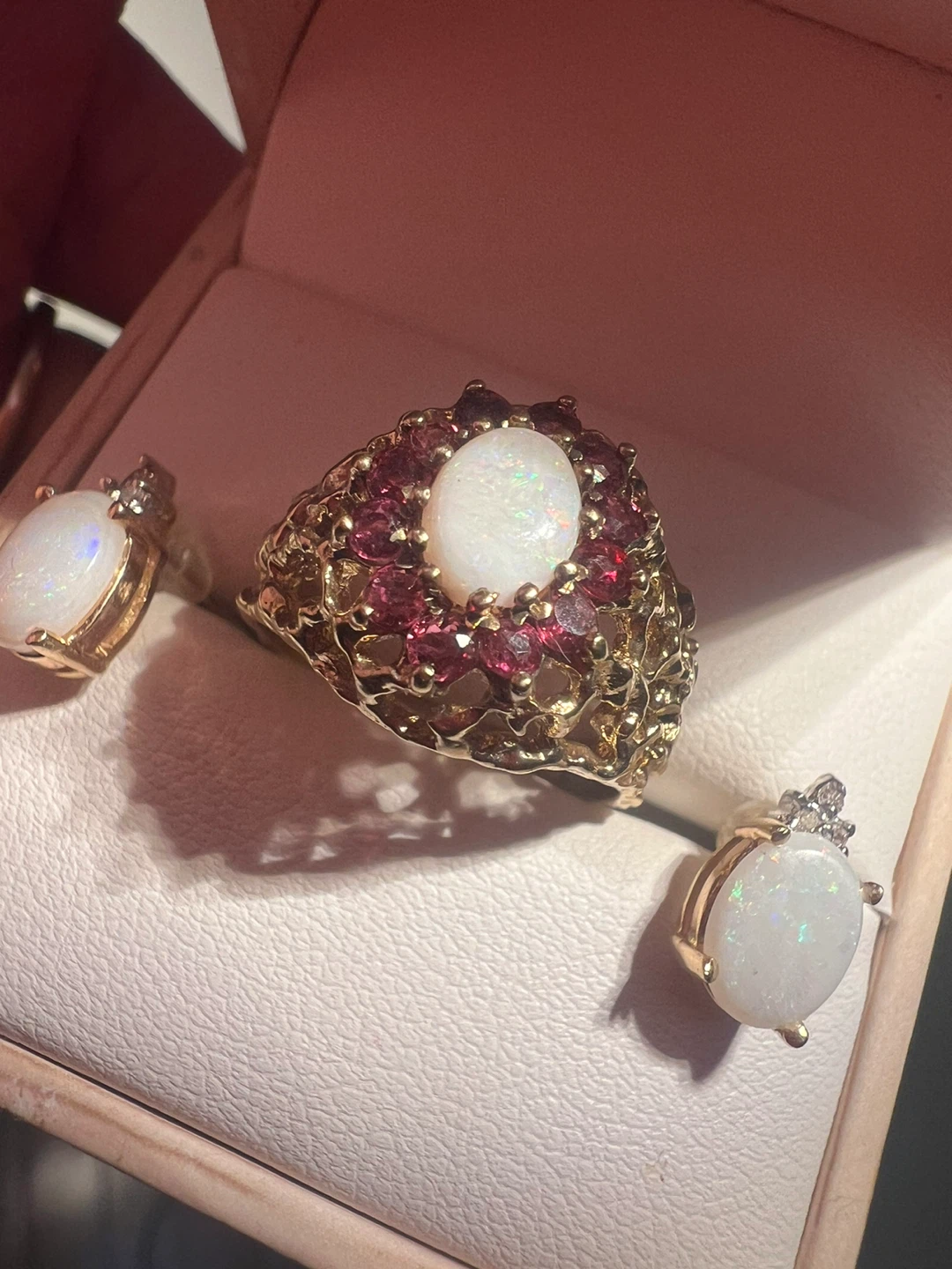 14 k Gold Opal and Garnet Ring with Matching Earrings Set