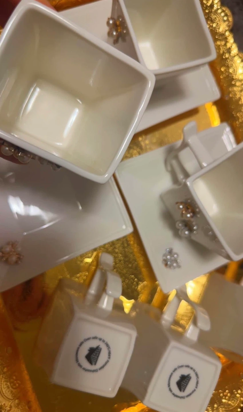 White Square Tea Cup and Saucer Set with Pearl Embellishments - photo 3