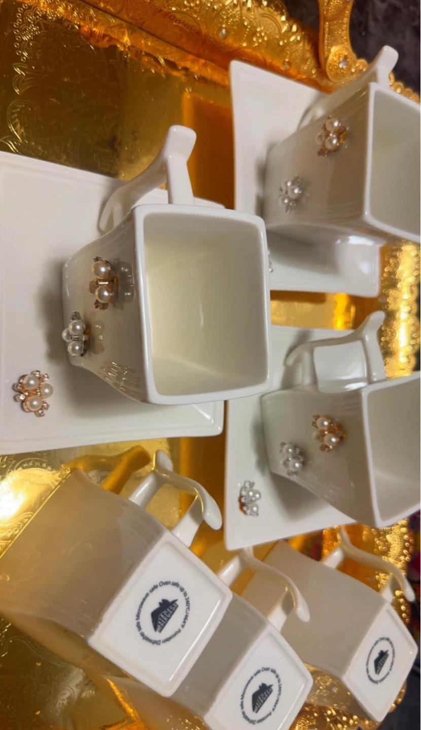 White Square Tea Cup and Saucer Set with Pearl Embellishments - photo 2