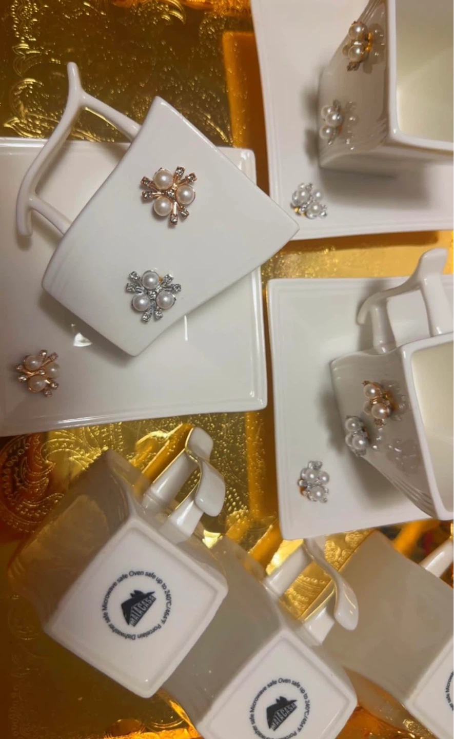 White Square Tea Cup and Saucer Set with Pearl Embellishments