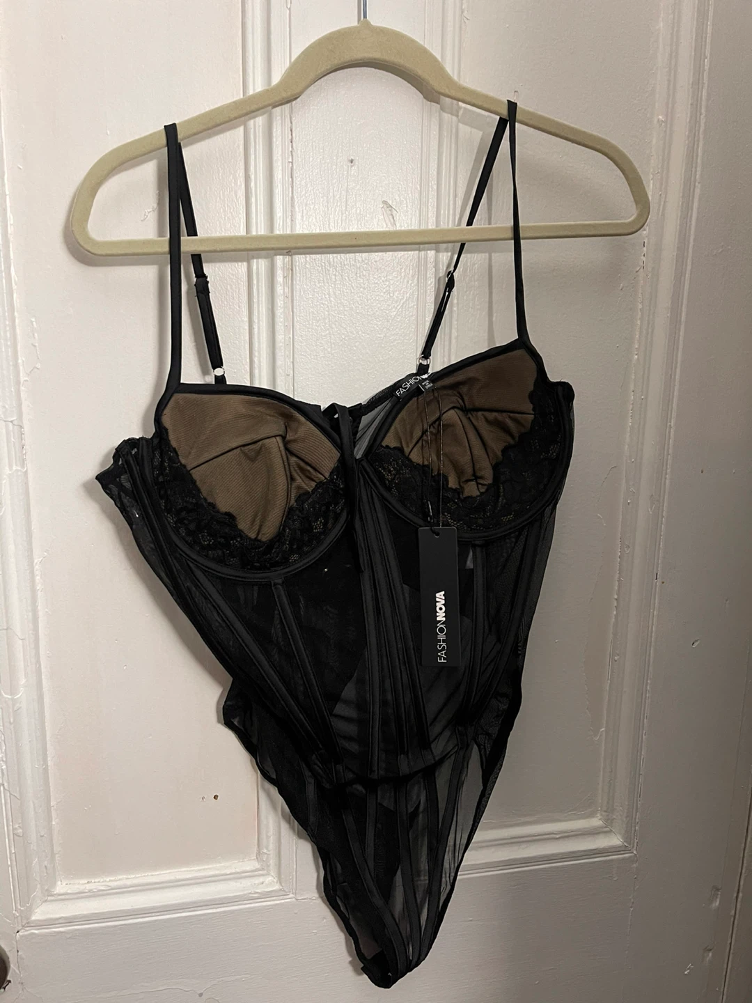 Fashion Nova Black Mesh Corset Bodysuit Size XL