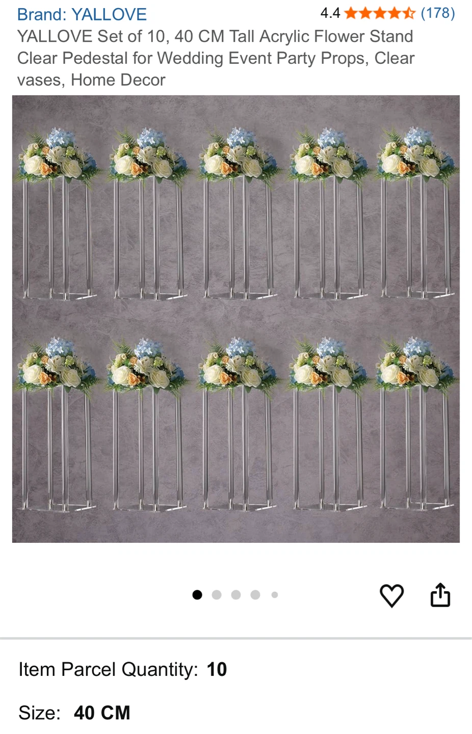 YALLOVE Set of 10 Acrylic Flower Stands (40 CM Tall)