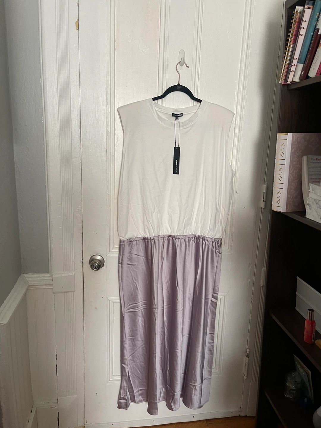 Fashion Nova White Sleeveless Top with Satin Skirt Dress