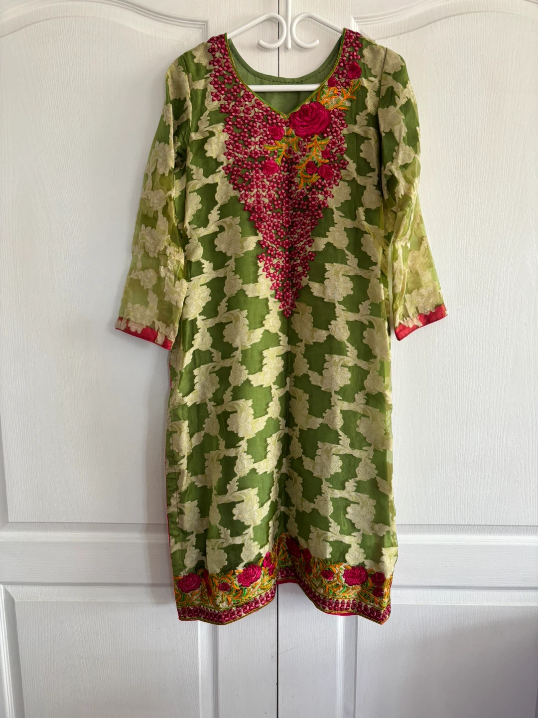 3-piece Green Embroidered Set with Hot Pink Dupatta