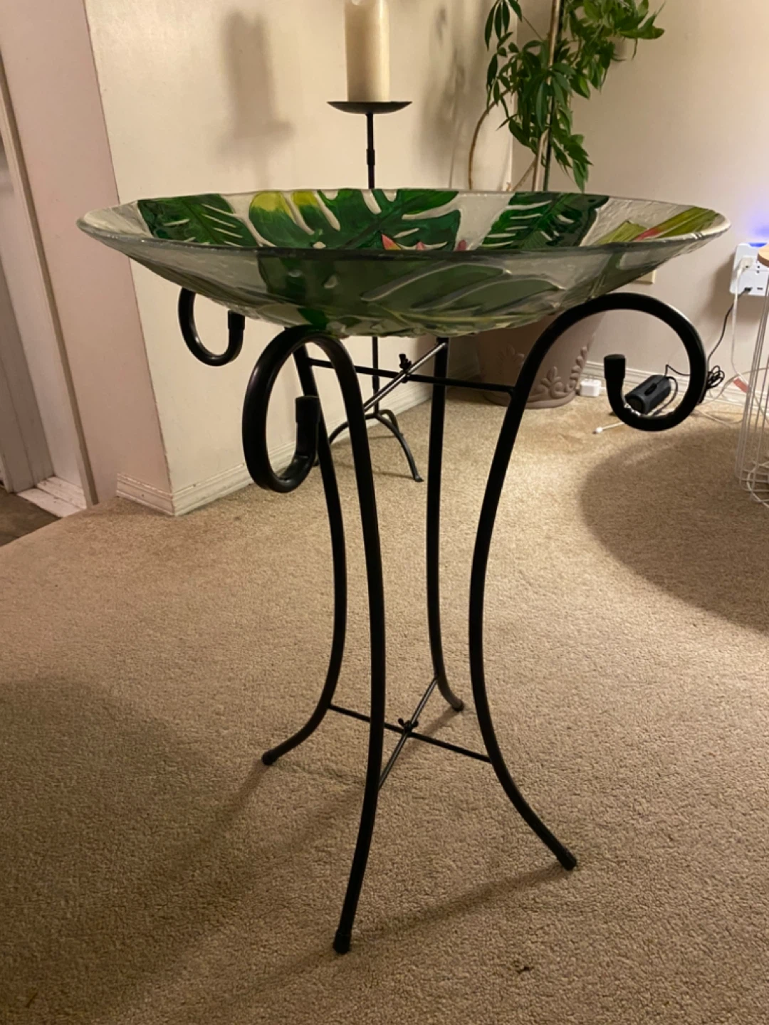 Glass Pedestal Bowl with Tropical Leaf Design - photo 2