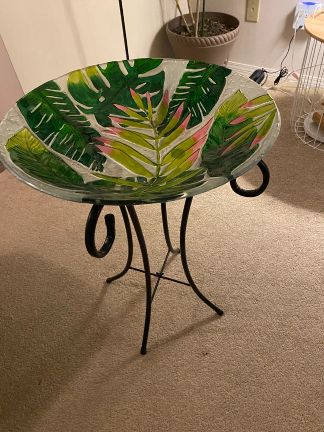 Glass Pedestal Bowl with Tropical Leaf Design