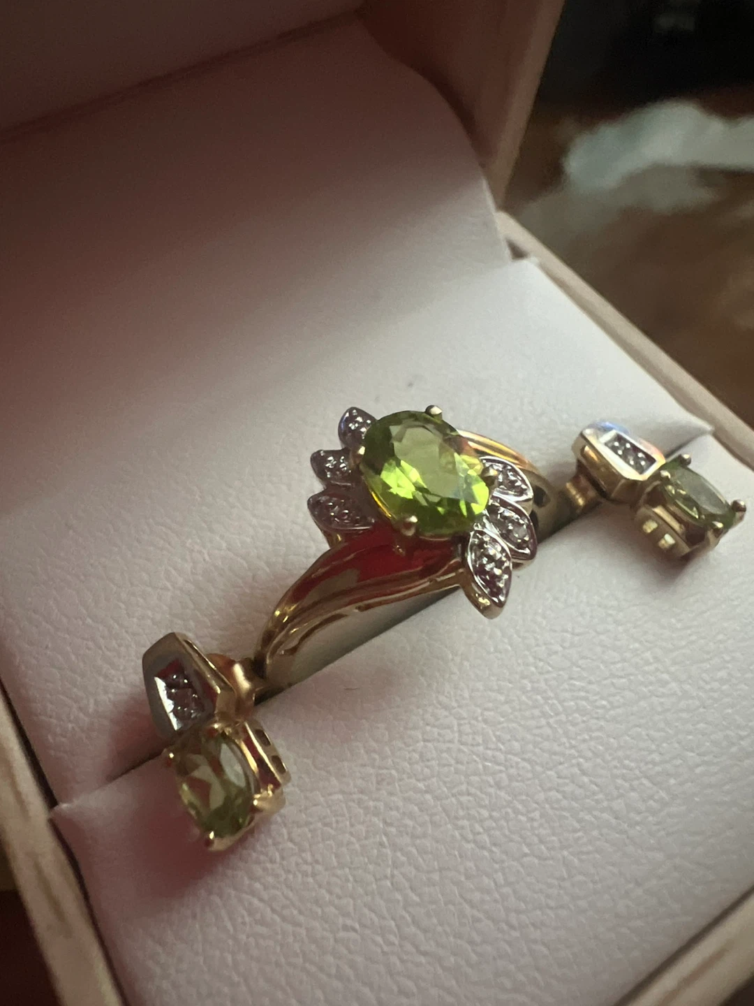 10 k Peridot and Diamond Ring and Earring Set
