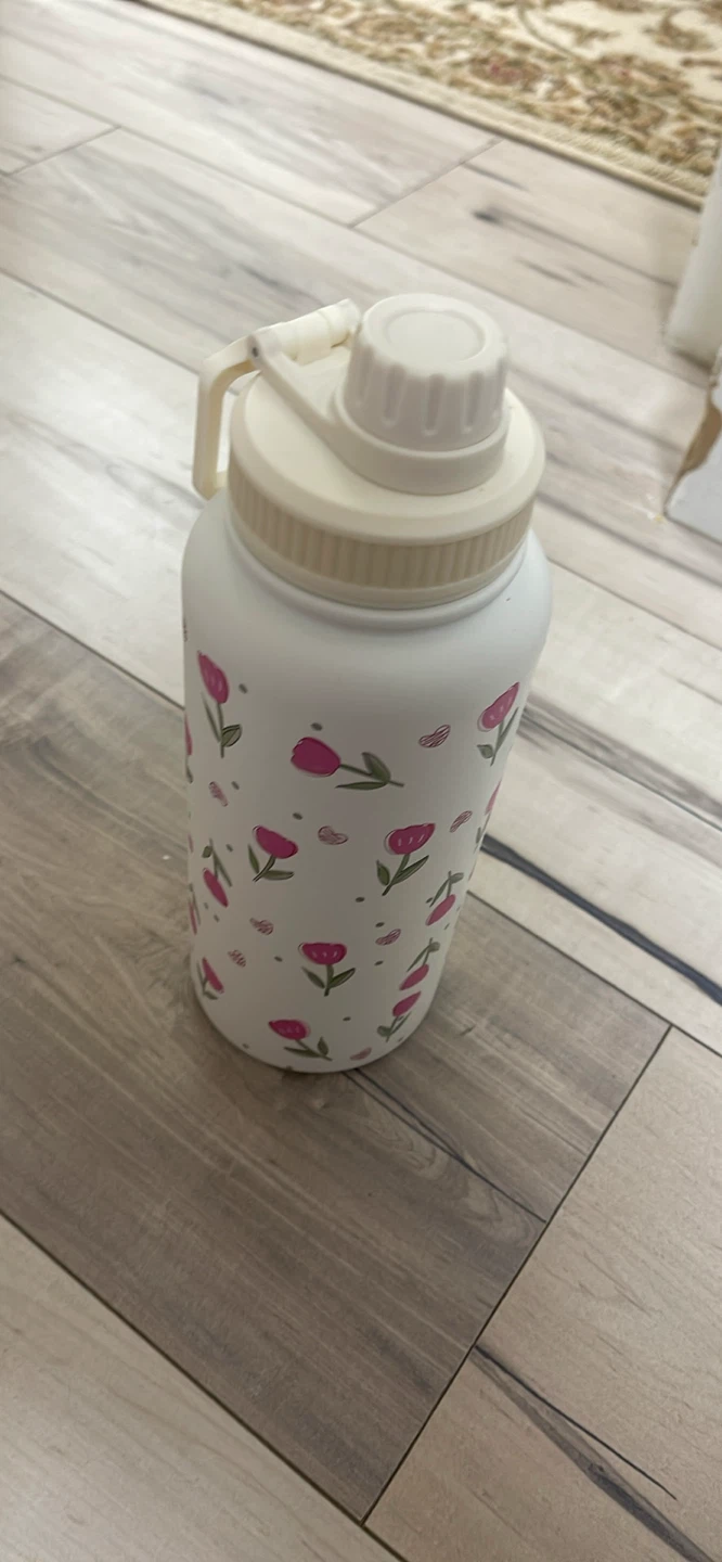 White Water Bottle with Pink Tulips