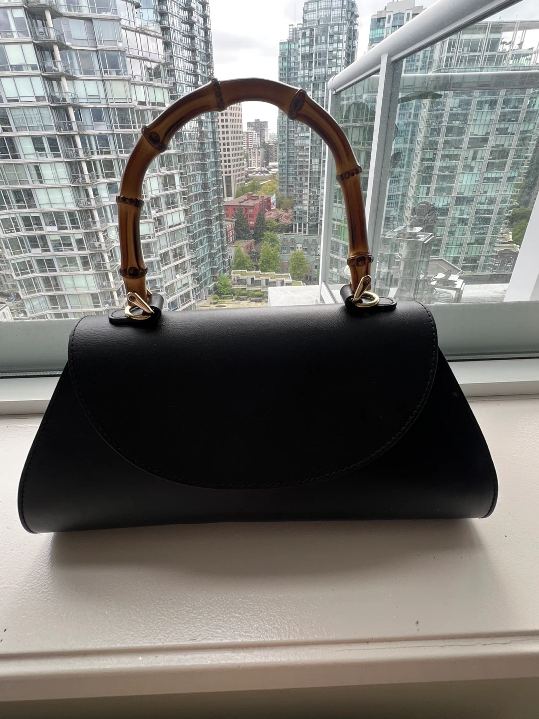 Black Leather Handbag with Bamboo Handle