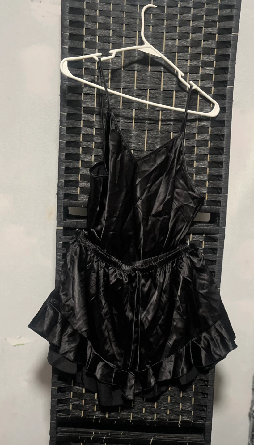 Black Satin Cami and Ruffle Shorts Set