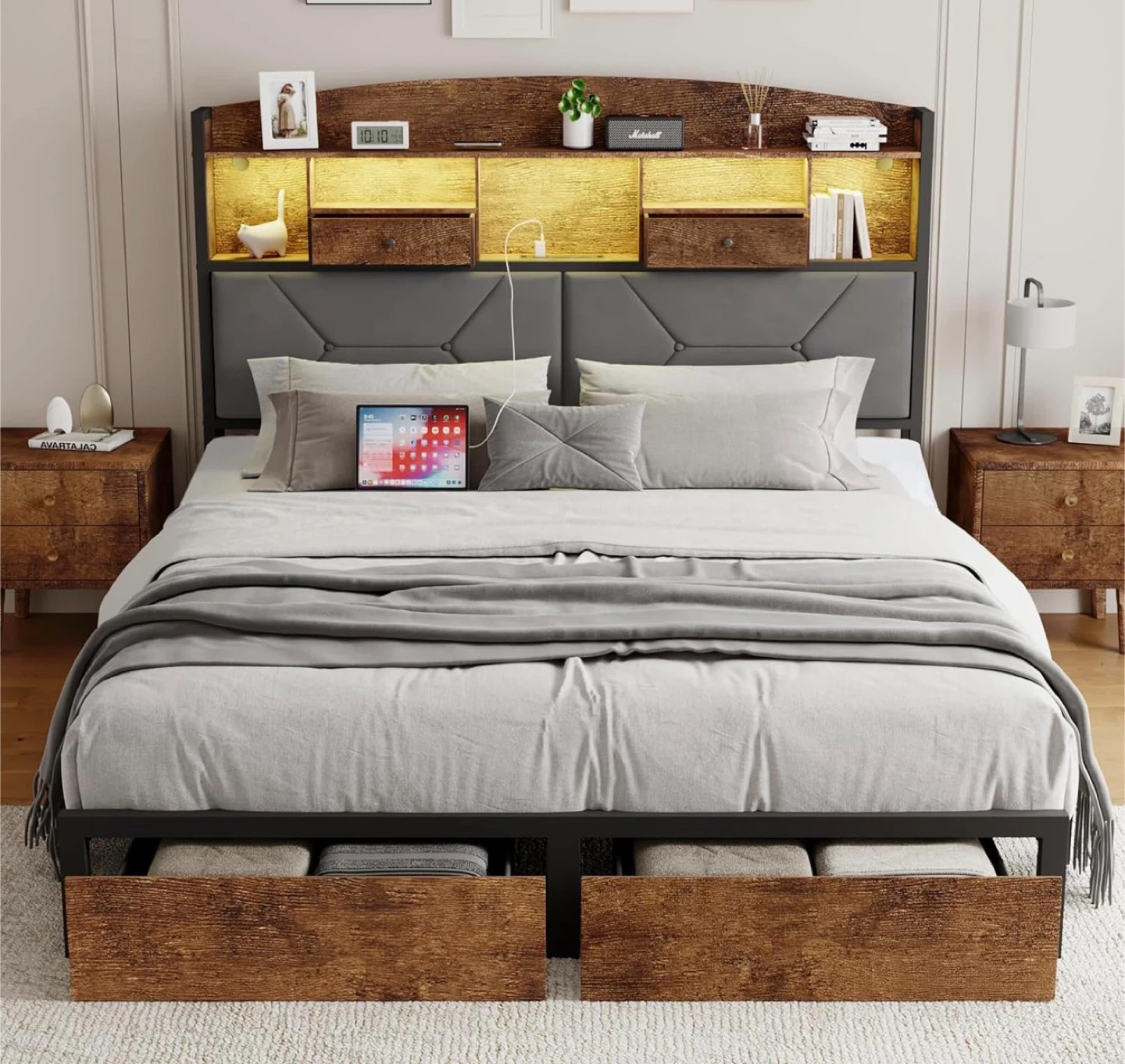 New Queen Size Bed Frame with LED Lights & Power Outlets - photo 4